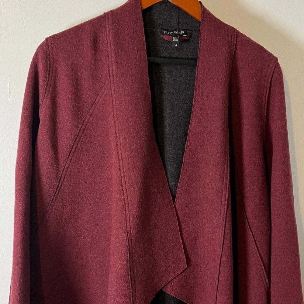 Eileen Fisher Merino Wool Double-knit Kimono Burgundy Open Cardigan Jacket Sz SP
